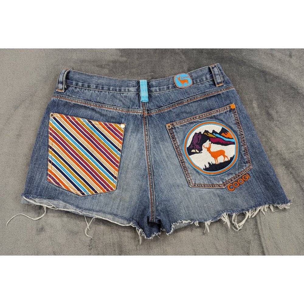 VTG COOGI Jean Shorts Unisex 38 Cut Off Embroidered Colorful Deer Unique Blue